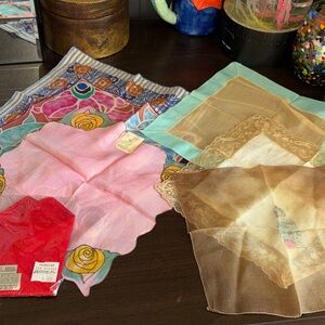VINTAGE SET OF 7 silk lace, cotton, handkerchiefs all colors and designs. One i
